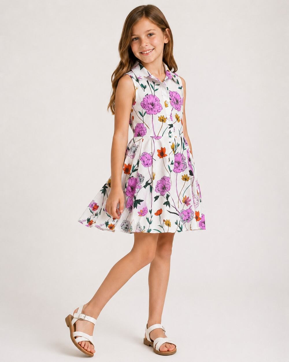Milly Minis Floral Button Front Sleeveless Dress White Purple Size 7/8